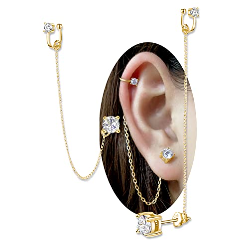 Zirkonia Ohrringe - Kristall Ohrmanschette Ohrringe Kette Sterling Silber Hypoallergene Zirkonia Ohrringe Strass Drop Dangle Ohrringe 2 in 1 Ohrringe Geschenk für Frauen Mädchen (Gold) von ELEDUCTMON