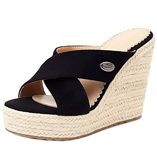 ELEEMEE Damen Mode Keilabsatz Ohne Verschluss Sommer Sandalen Plateau Leisure Draußen Open Back Cork Schuhe Black Size 39 Asiatisch von ELEEMEE