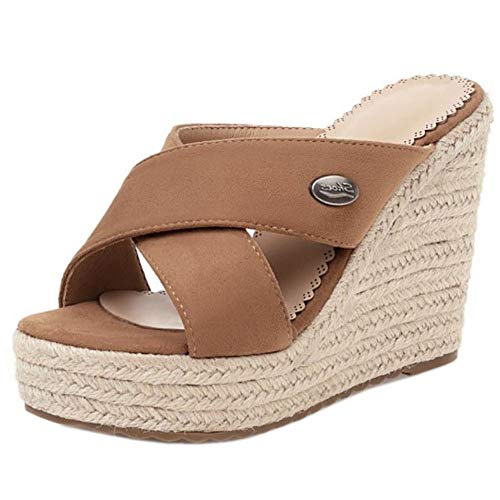 ELEEMEE Damen Mode Keilabsatz Ohne Verschluss Sommer Sandalen Plateau Leisure Draußen Open Back Cork Schuhe Camel Size 39 Asiatisch von ELEEMEE