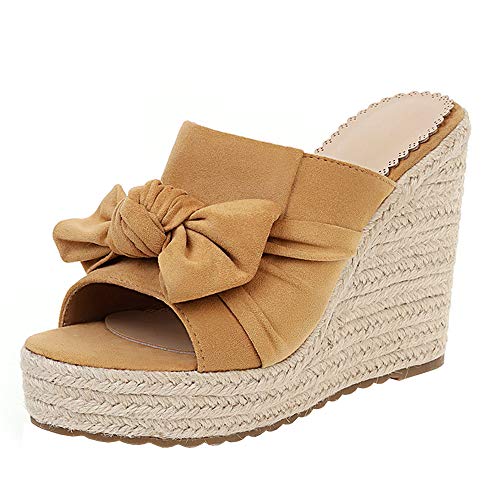 ELEEMEE Damen Mode Keilabsatz Ohne Verschluss Sommer Sandalen Plateau Süß Bogen Elegant Draußen Open Back Cork Schuhe Apricot Size 36 Asiatisch von ELEEMEE