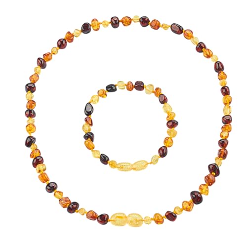 ELEGAMBER Baltische Bernstein Schmuckset, Halskette und Armband, Mehrfarbiger Bernstein in Gelb und Braun (Goldgelb und rot Satz, 32cm) von ELEGAMBER
