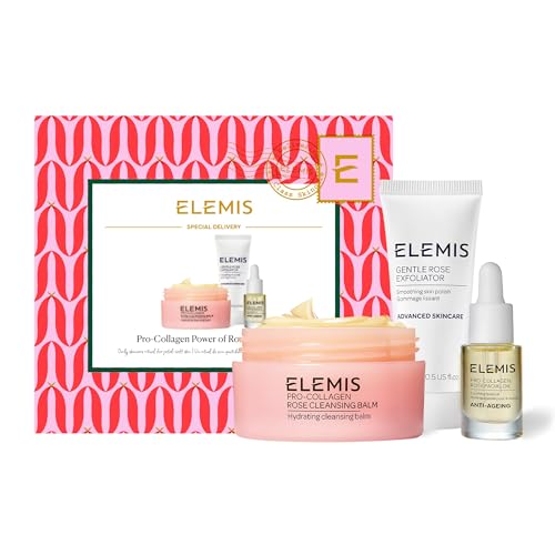 Elemis Limited Edition Rose Brightening Christmas Collection, Luxury Beauty Skincare Gift Set, English Rose Pro-Collagen Cleansing Balm, Gentle Face Exfoliator & Rose Facial Oil in Reisegröße von ELEMIS