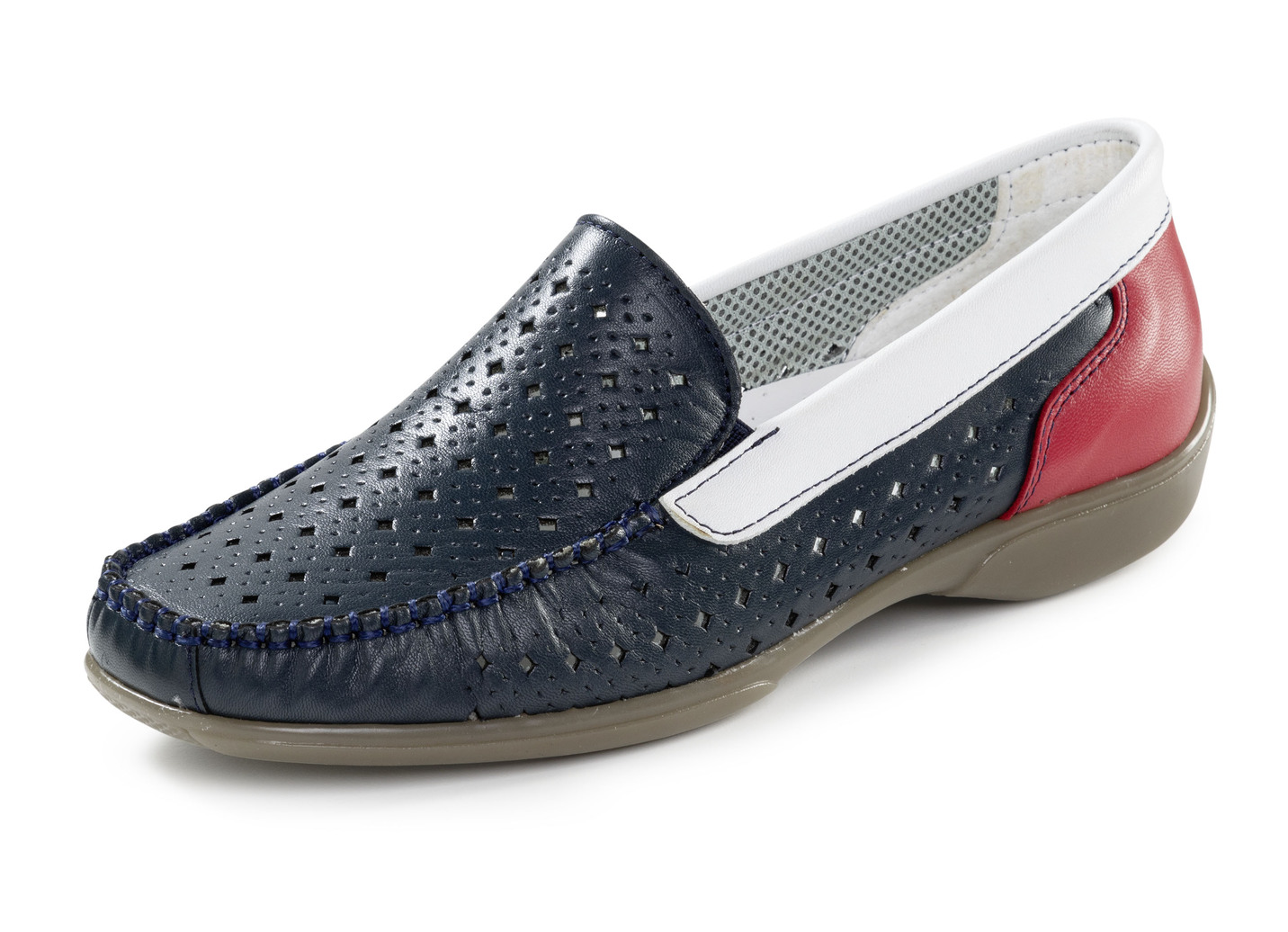 ELENA EDEN Mokassin-Slipper mit luftiger Perforation, Blau-Weiss-Rot, Größe 36 von ELENA EDEN