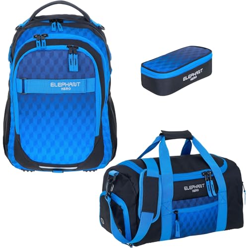 ELEPHANT 3 Teile Set Schulrucksack Jungen Mädchen Signature Hero 2 Schultasche Laptopfach Rucksack + Sporttasche + Mäppchen Box (Dark Blue Cube 12868) von ELEPHANT