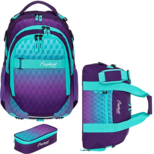 ELEPHANT 3 Teile Set Schulrucksack Jungen Mädchen Signature Hero 2 Schultasche Laptopfach Rucksack + Sporttasche + Mäppchen Box (Violet Cube 12868 (Türkis Lila)) von ELEPHANT