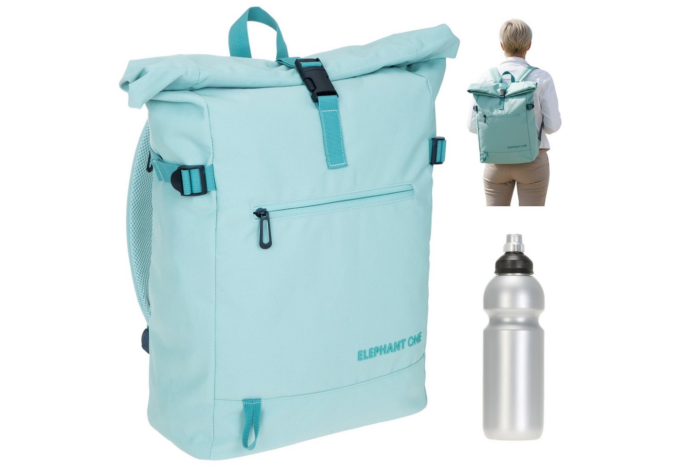 ELEPHANT Rucksack Damen Herren Freizeitrucksack A4 groß Laptoprucksack, Travel Geheimfach Daypack Reiserucksack Tasche One 13114 + Flasche von ELEPHANT