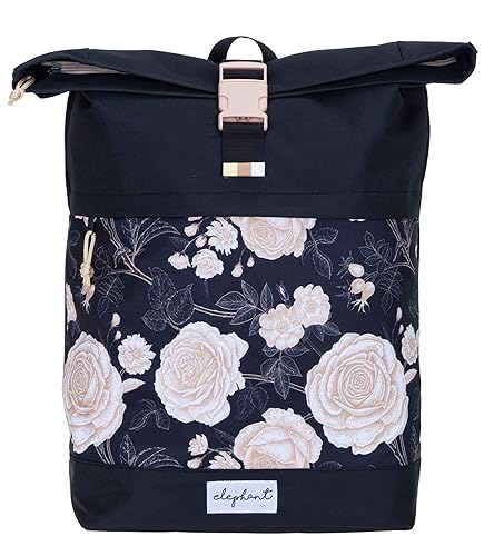 Rucksack Damen Mädchen Freizeitrucksack Sport Reise Schule DIN A4 Roll-Top mit Laptopfach Geheimfach Anti-Theft Daypack Large Flower 13038 (black flower) von Elephant