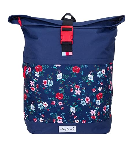 ELEPHANT Rucksack Damen Mädchen Freizeitrucksack Sport Reise Schule DIN A4 Roll-Top mit Laptopfach Geheimfach Anti-Theft Daypack Large Flower 13038 (blue flower) von ELEPHANT