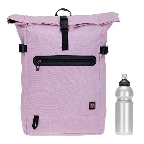 ELEPHANT Rucksack Daypack Herren Damen AllDay A4 Large Laptop Tasche Geheimfach Freizeitrucksack Kurierrucksack Fahrrad Roll-Top Bag 12962 + Flasche (Candy Rosa Pastell (Rosa Pink)) von ELEPHANT