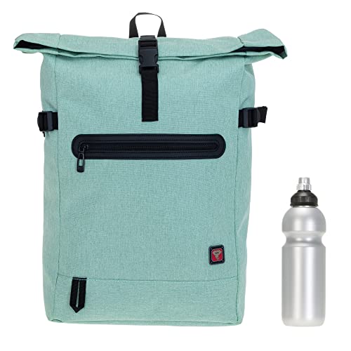 ELEPHANT Rucksack Daypack Herren Damen AllDay A4 Large Laptop Tasche Geheimfach Freizeitrucksack Kurierrucksack Fahrrad Roll-Top Bag 12962 + Flasche (Mint Pastell (Grün)) von ELEPHANT