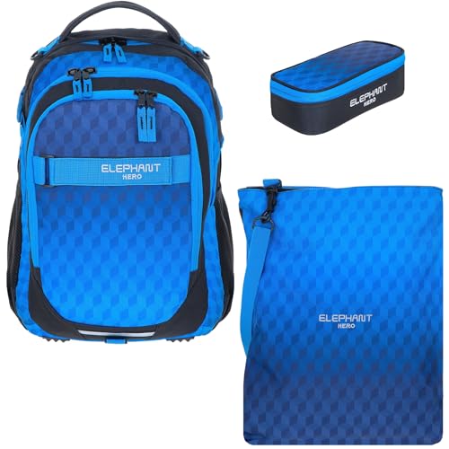 Elephant Schulrucksack 3 Teile Set Hero Signature Jungen Mädchen Rucksack Mäppchen Box Sportbeutel Attach Bag rtmb (Dark Blue Cube 12868) von Elephant