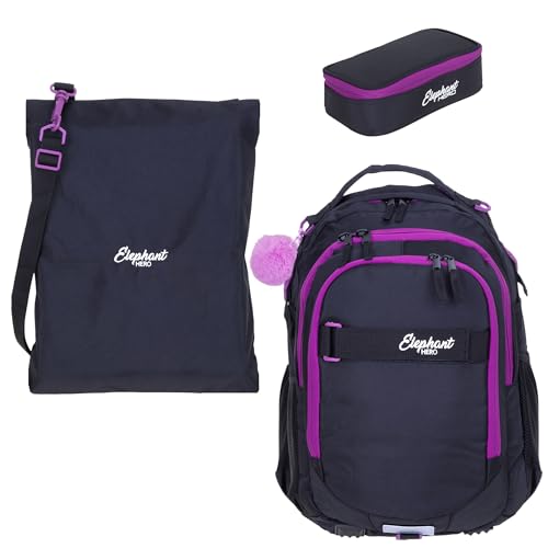 Elephant Schulrucksack 3 Teile Set Hero Signature Jungen Mädchen Rucksack Mäppchen Box Sportbeutel Attach Bag rtmb (Tiff Lila 13015 Violett Black) von Elephant