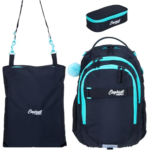 Elephant Schulrucksack 3 Teile Set Hero Signature Jungen Mädchen Rucksack Mäppchen Box Sportbeutel Attach Bag rtmb (Tiff Türkis 13015 Türkis Black) von Elephant