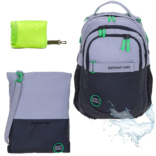 Schulrucksack Jungen Mädchen ab 3. Klasse Schule Tasche Brustgurt Schultasche Rucksack mit Sportbeutel Attach Bag und Regenhülle Premium 3 Teile Set Auswahl rtp (Color Block Grau Grün 13047) von Elephant