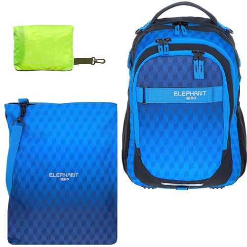 Schulrucksack Jungen Mädchen ab 3. Klasse Schule Tasche Brustgurt Schultasche Rucksack mit Sportbeutel Attach Bag und Regenhülle Premium 3 Teile Set Auswahl rtp (Dark Blue Cube 12868) von Elephant