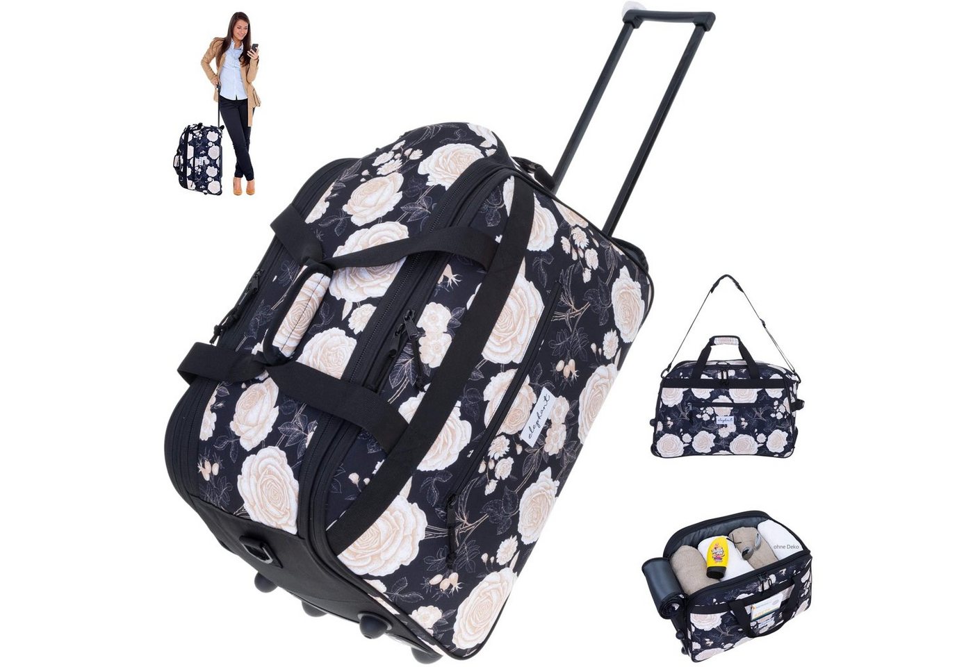 ELEPHANT Trolley Reisetasche Damen Duffle Bag Travel Reisetrolley 55 cm Flower, Weekender Sauna Reise Sport Trolly Tasche Rollen von ELEPHANT