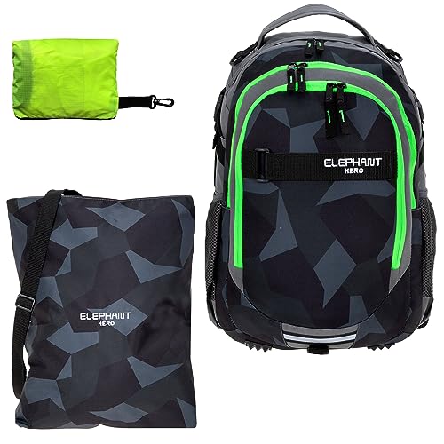 Schulrucksack Jungen Mädchen ab 3. Klasse Schule Tasche Brustgurt Schultasche Rucksack mit Sportbeutel Attach Bag und Regenhülle Premium 3 Teile Set Auswahl rtp (Cyber Camo Schwarz Grün 12770) von ELEPHANT