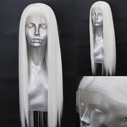ELESTY Weiße gerade synthetische Lace-Front-Perücke für Damen, 33 x 10 cm, große Spitze, freier Teil, Schneewittchen, hitzebeständige Faser, synthetische Perücke, vorgezupft, natürlicher Haaransatz ELESTY Weiße gerade synthetische Lace-Front-Perücke für Damen, 33 x 10 cm, große Spitze, freier Teil, Schneewittchen, hitzebeständige Faser, synthetische Perücke, vorgezupft, natürlicher Haaransatz von ELESTY