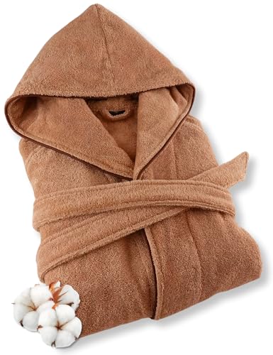 ELEVAVIDA Bademantel Damen mit Kapuze aus kuscheliger Baumwolle beige - extra weich und bequem - Größe XS - Frottee Sauna Bademantel lang - OEKO-TEX zertifiziert von ELEVAVIDA