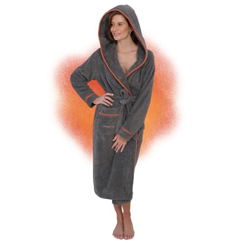 ELEVAVIDA Bademantel Damen mit Kapuze aus kuscheliger Baumwolle grau - extra weich und bequem - Größe L - Frottee Sauna Bademantel lang - OEKO-TEX zertifiziert von ELEVAVIDA