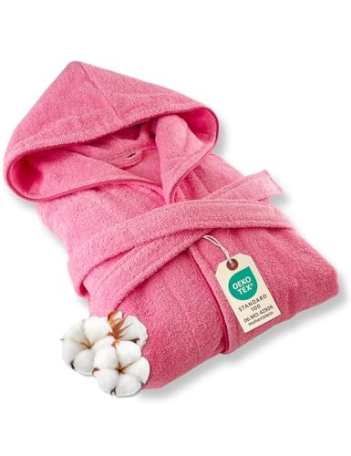 ELEVAVIDA Bademantel Damen mit Kapuze aus kuscheliger Baumwolle rosa - extra weich und bequem - Größe L - Frottee Sauna Bademantel lang - OEKO-TEX zertifiziert von ELEVAVIDA