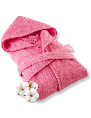 ELEVAVIDA Bademantel Damen mit Kapuze aus kuscheliger Baumwolle rosa - extra weich und bequem - Größe S - Frottee Sauna Bademantel lang - OEKO-TEX zertifiziert von ELEVAVIDA