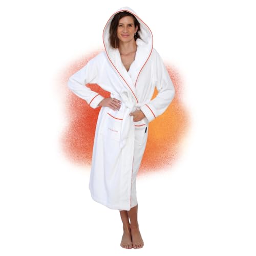 ELEVAVIDA Bademantel Damen mit Kapuze aus kuscheliger Baumwolle weiß - extra weich und bequem - Größe XL - Frottee Sauna Bademantel lang - OEKO-TEX zertifiziert von ELEVAVIDA