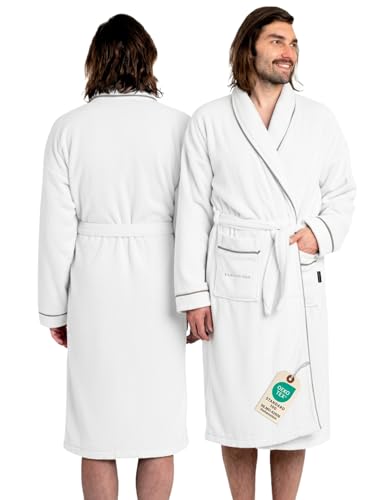 ELEVAVIDA Herren Bademantel aus kuscheliger Baumwolle weiß - extra weich und bequem - Größe S - Frottee Sauna Bademantel - OEKO-TEX zertifiziert von ELEVAVIDA
