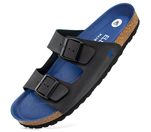 ELEWERT® Herren Leder Pantoletten | Bequeme Sandalen | Memory Foam Insole | Anatomisches Korkfußbett | Handgefertigt in Spanien | Biocomfy Charmer | Schwarz/Space, EU43 von ELEWERT