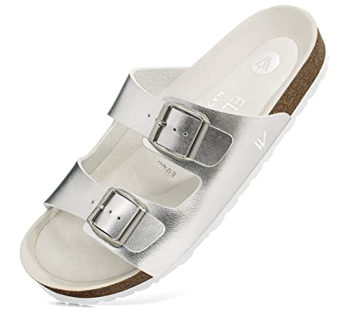 ELEWERT® Damen-Sandalen | Anatomische Riemchensandalen | Flache Pantoletten | Gepolstertes Lederfußbett | Naturkork mit leichter Sohle | Made in Spain | Biocomfy Vegany | Silber Laminat, EU37 von ELEWERT