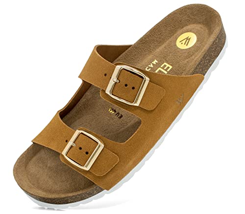 ELEWERT® Damen-Sandalen aus Echt-Leder | Gepolsterte Pantoletten | Innensohle aus Wildleder | Anatomisches Korkfußbett | Handgefertigt in Spanien | Biocomfy Ocai | Camel, EU37 von ELEWERT