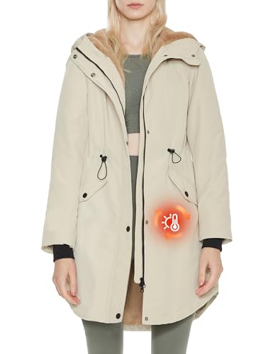 ELEZAY Damen Wintermantel Fleece Gefüttert Parka Jacke mit Kapuze Mittellang Warm Freizeitjacke, Beige, M von ELEZAY