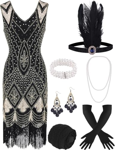 ELFIN 20er Dresses Flapper Kleid Damen Pailletten Fransen Kleid Cocktailkleid 20er Party Kleid V-Ausschnitt Vintage 1920er Kostüm Kleider 20er Accessoires Set Mafia Fasching Karneval Motto, M, BL-G von ELFIN