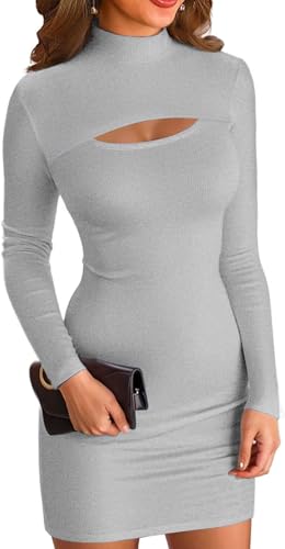 ELFIN Damen Bodycon Kleid Gerippt Langarm Minikleid Cut Outs Stehkragen Party Club Mini Kleid Einfarbig (L, Grau) von ELFIN