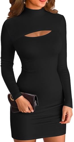 ELFIN Damen Bodycon Kleid Gerippt Langarm Minikleid Cut Outs Stehkragen Party Club Mini Kleid Einfarbig (M, Schwarz) von ELFIN