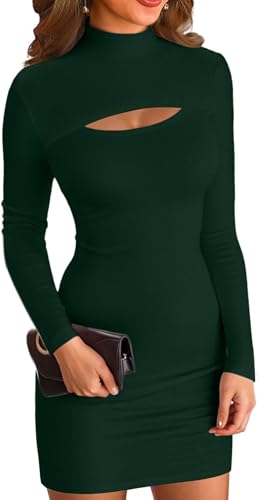ELFIN Damen Bodycon Kleid Gerippt Langarm Minikleid Cut Outs Stehkragen Party Club Mini Kleid Einfarbig (XL, Dunkelgrün) von ELFIN