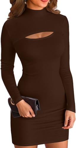 ELFIN Damen Bodycon Kleid Gerippt Langarm Minikleid Cut Outs Stehkragen Party Club Mini Kleid Einfarbig (XL, Dunkelkaffee) von ELFIN