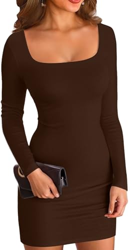 ELFIN Damen Bodycon Kleid Gerippt Langarm Minikleid Quadratischer Hals Kurzes Party Club Kleid Herbst Pullover Kleider Freizeitkleid (M, Dunkelkaffee) von ELFIN