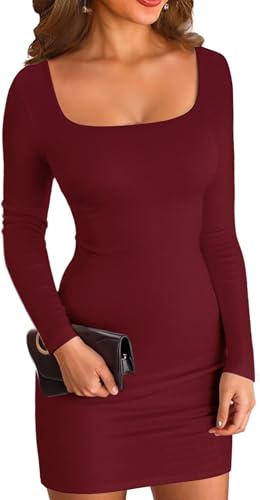 ELFIN Damen Bodycon Kleid Gerippt Langarm Minikleid Quadratischer Hals Kurzes Party Club Kleid Herbst Pullover Kleider Freizeitkleid (XL, Weinrot) von ELFIN