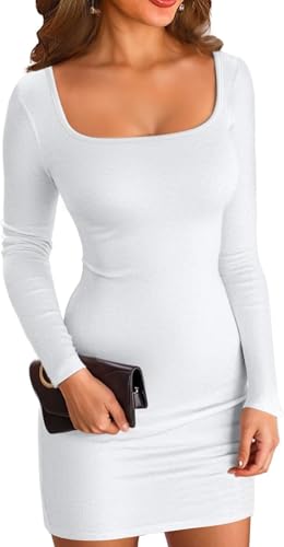 ELFIN Damen Bodycon Kleid Gerippt Langarm Minikleid Quadratischer Hals Kurzes Party Club Kleid Herbst Pullover Kleider Freizeitkleid (XL, Weiß) von ELFIN