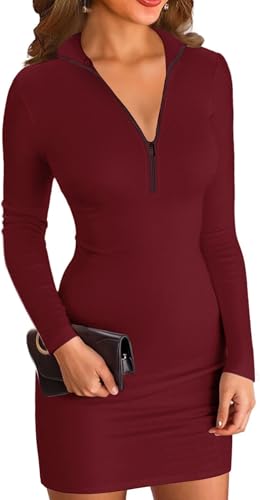 ELFIN Damen Bodycon Kleid Gerippt Langarm Minikleid Reissverschluss Stehkragen Kurz Sport Kleider Herbst Freizeitkleider (L, Weinrot) von ELFIN