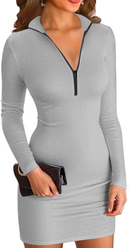 ELFIN Damen Bodycon Kleid Gerippt Langarm Minikleid Reissverschluss Stehkragen Kurz Sport Kleider Herbst Freizeitkleider (M, Grau) von ELFIN