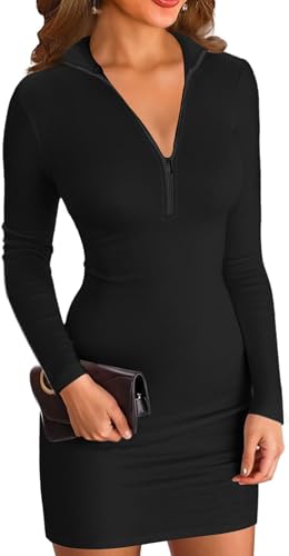 ELFIN Damen Bodycon Kleid Gerippt Langarm Minikleid Reissverschluss Stehkragen Kurz Sport Kleider Herbst Freizeitkleider (M, Schwarz) von ELFIN
