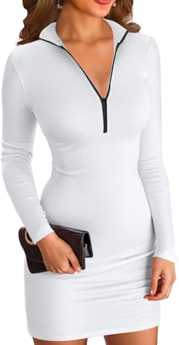 ELFIN Damen Bodycon Kleid Gerippt Langarm Minikleid Reissverschluss Stehkragen Kurz Sport Kleider Herbst Freizeitkleider (S, Weiß) von ELFIN