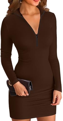ELFIN Damen Bodycon Kleid Gerippt Langarm Minikleid Reissverschluss Stehkragen Kurz Sport Kleider Herbst Freizeitkleider (XL, Dunkelkaffee) von ELFIN