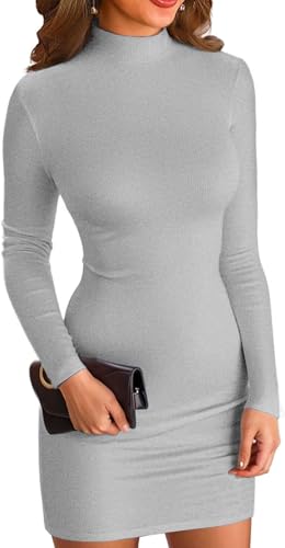 ELFIN Damen Bodycon Kleid Rollkragen Langarm Minikleid Geripptes Enges Basic Kleid Einfarbig Herbst Pullover Kleider Freizeitkleid (XL, Grau) von ELFIN