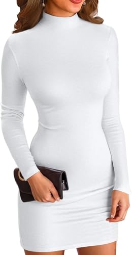 ELFIN Damen Bodycon Kleid Rollkragen Langarm Minikleid Geripptes Enges Basic Kleid Einfarbig Herbst Pullover Kleider Freizeitkleid (XL, Weiß) von ELFIN