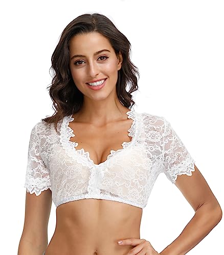 ELFIN Damen Dirndlblusen Kurzarm Spitze Tracht Bluse Elegante Halbarm Bluse, K-Weiße-Spitze-Rose, 38 von ELFIN