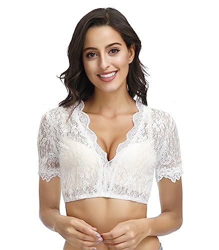 ELFIN Damen Dirndlblusen Kurzarm Spitze Tracht Bluse Elegante Halbarm Bluse, K-Weiße-Spitze-kamelie, 34 von ELFIN
