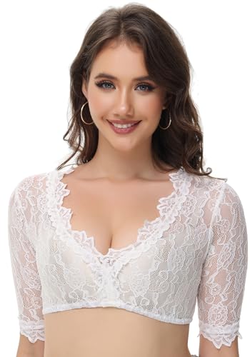 ELFIN Damen Dirndlblusen Kurzarm Spitze Tracht Bluse Elegante Halbarm Bluse Spitzenbluse, Weiße-Spitze-Rose, 44 von ELFIN